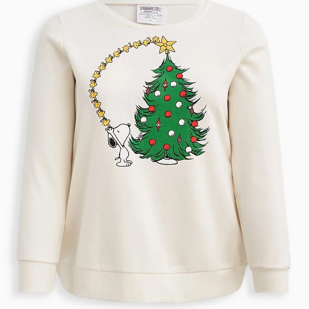 Snoopy Sweatshirt - Cozy Fleece Christmas Tree White 2 Torrid - Picture 2 of 5
